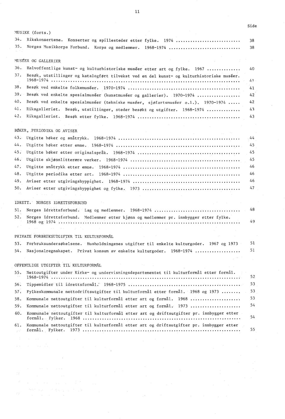 Besk ved enkelte folkemusger. 1970-1974,, 41 39. Besok ved enkelte spesialmuser (kunstmuser og gallerier). 1970-1974 42 40. Besk ved enkelte spesialmuser (tekniske musger, sjofartsmusger o.1.). 1970-1974 42 41.