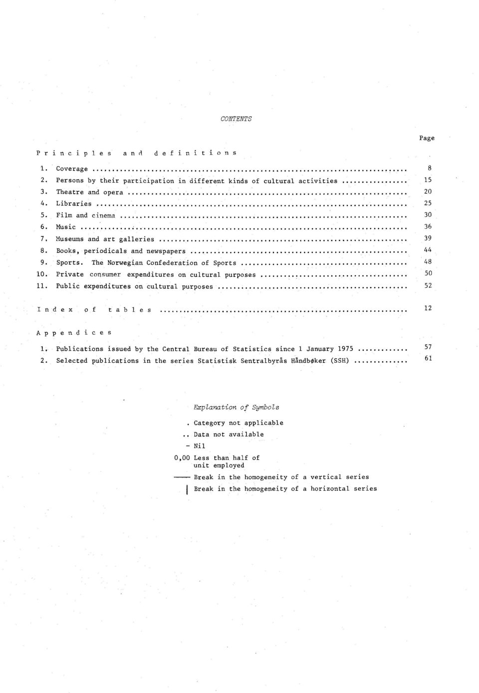 Public expenditures on cultural purposes 8 15 20 25 30 36 39 44 48 50 52 Index of tables 12 Appendices 1, Publications issued by the Central Bureau of Statistics since 1 January 1975 2.