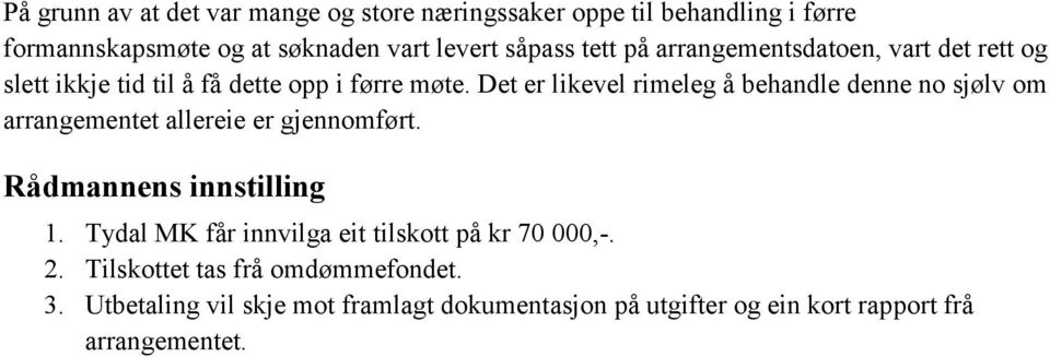 Det er likevel rimeleg å behandle denne no sjølv om arrangementet allereie er gjennomført. Rådmannens innstilling 1.