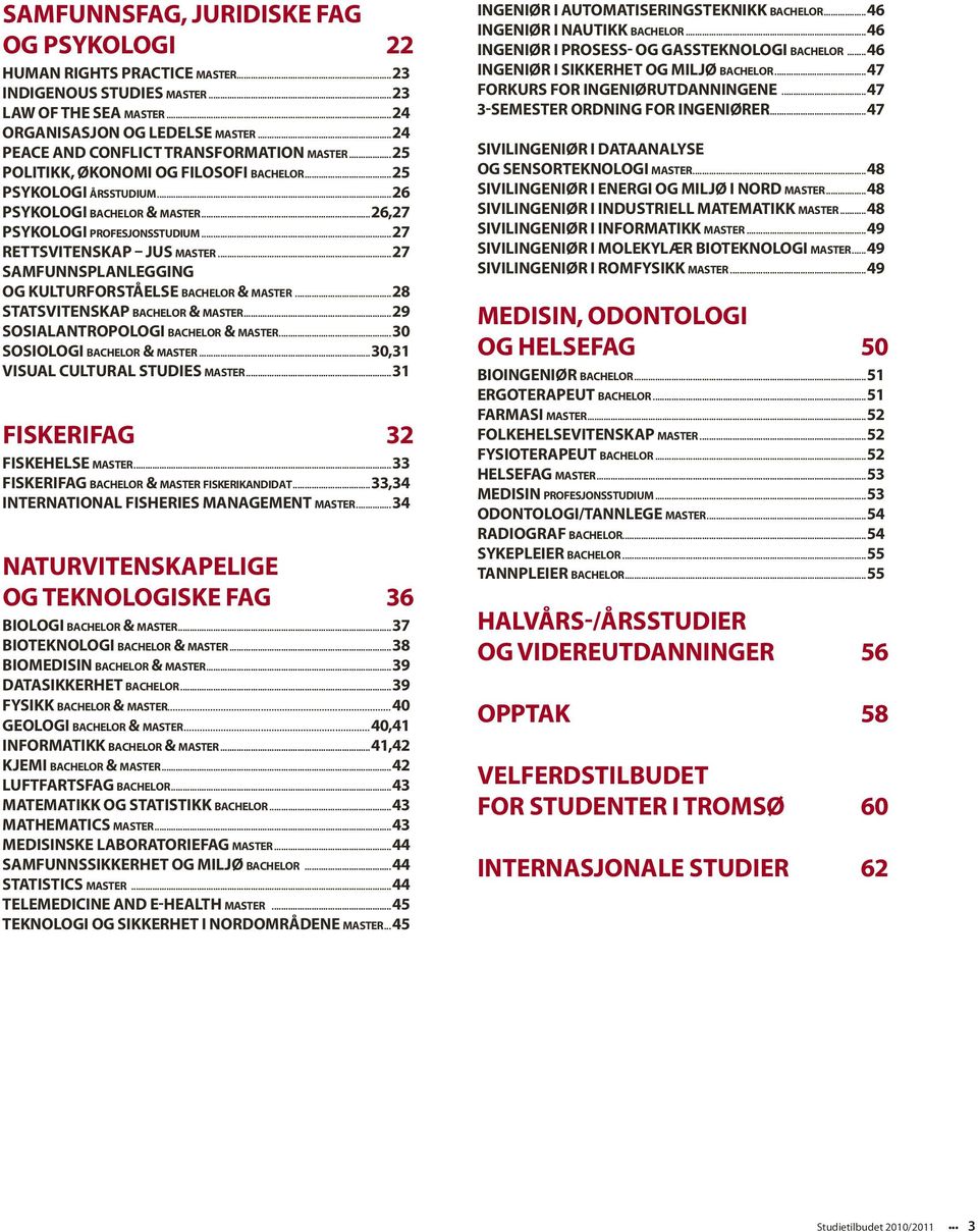 .. 27 rettsvitenskap Jus master... 27 samfunnsplanlegging og kulturforståelse bachelor & master... 28 statsvitenskap bachelor & master... 29 sosialantropologi bachelor & master.