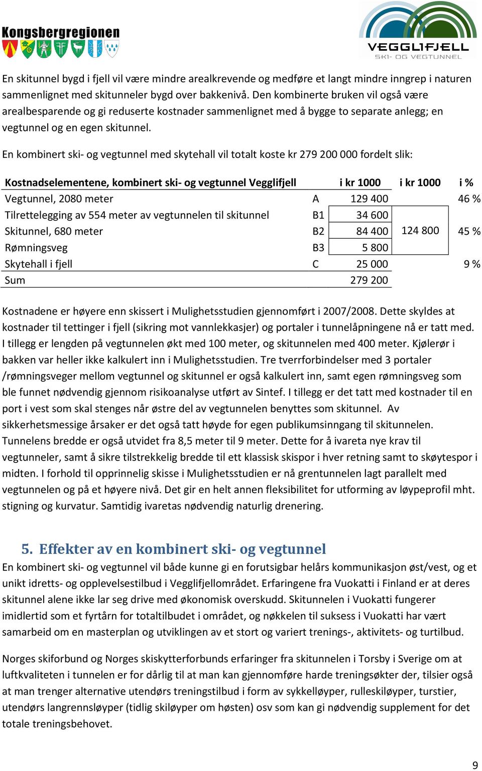 En kombinert ski- og vegtunnel med skytehall vil totalt koste kr 279 200 000 fordelt slik: Kostnadselementene, kombinert ski- og vegtunnel Vegglifjell i kr 1000 i kr 1000 i % Vegtunnel, 2080 meter A