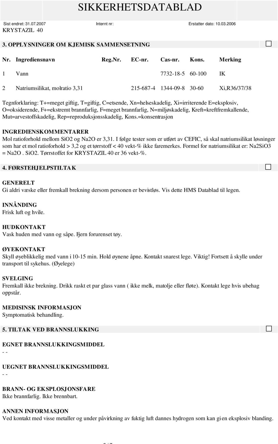 E=eksplosiv, O=oksiderende, F+=ekstremt brannfarlig, F=meget brannfarlig, N=miljøskadelig, Kreft=kreftfremkallende, Mut=arvestoffskadelig, Rep=reproduksjonsskadelig, Kons.