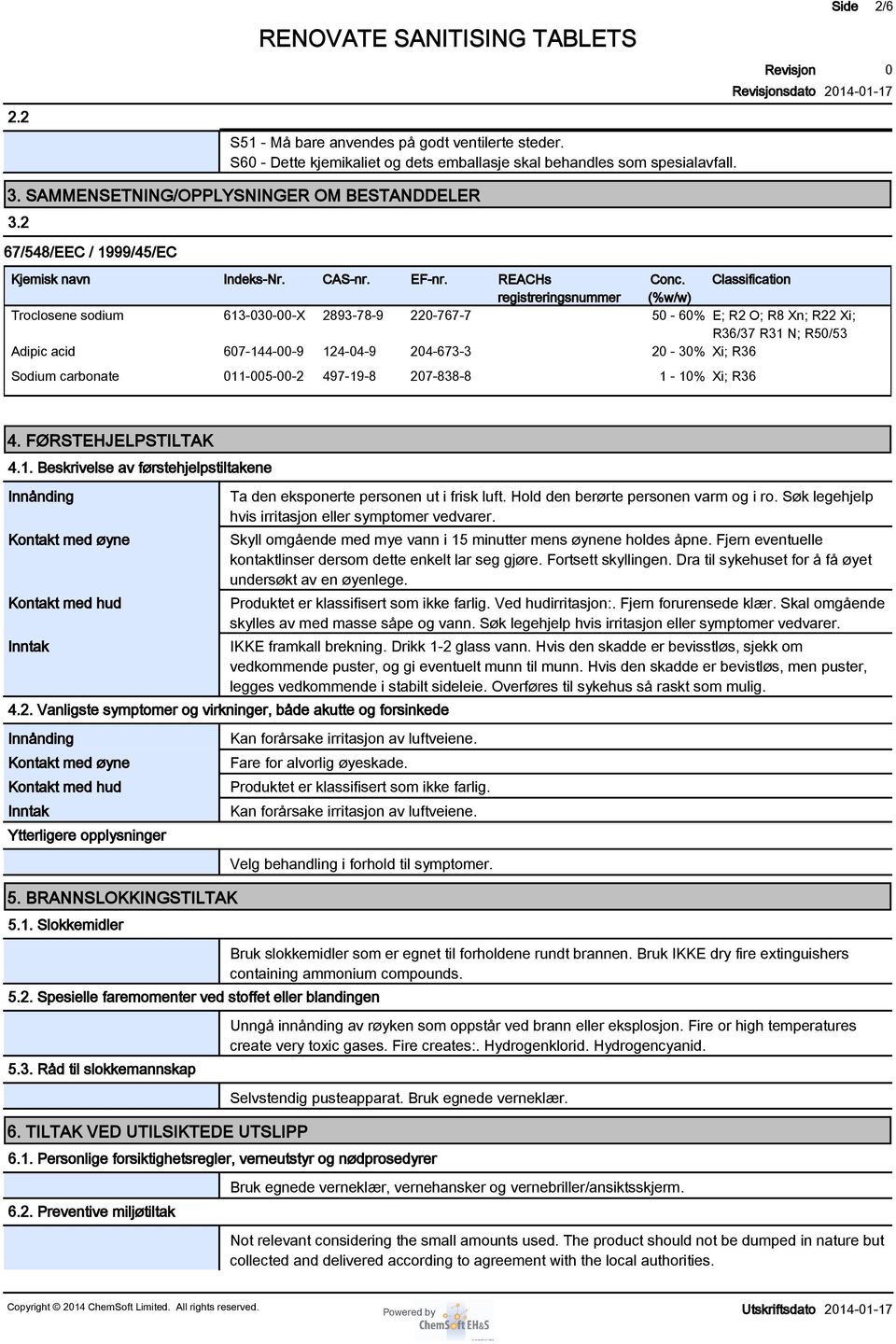 Classification registreringsnummer (%w/w) Troclosene sodium 613-3--X 2893-78-9 22-767-7 5-6% E; R2 O; R8 Xn; R22 Xi; R36/37 R31 N; R5/53 Adipic acid 67-144--9 124-4-9 24-673-3 2-3% Xi; R36 Sodium