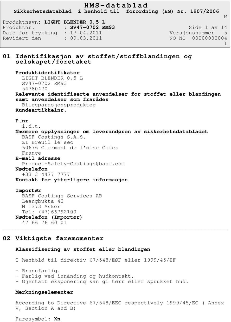 for stoffet eller blandingen samt anvendelser som frarådes Bilreparasjonsprodukter Kundeartikkelnr. P.nr. i.d.t. Nærmere opplysninger om leverandøren av sikkerhetsdatabladet BASF