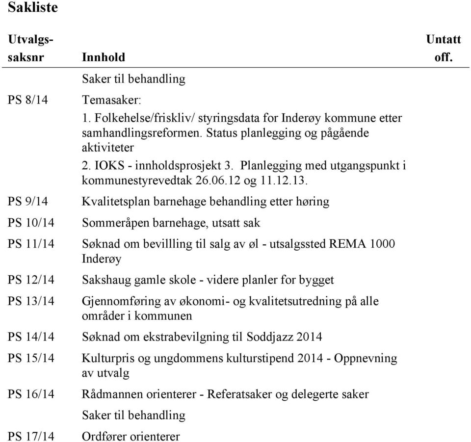 Kvalitetsplan barnehage behandling etter høring Sommeråpen barnehage, utsatt sak PS 11/14 Søknad om bevillling til salg av øl - utsalgssted REMA 1000 Inderøy PS 12/14 PS 13/14 Sakshaug gamle skole -