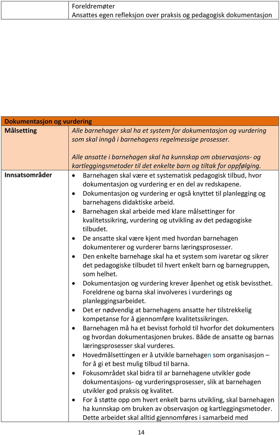 Innsatsområder Barnehagen skal være et systematisk pedagogisk tilbud, hvor dokumentasjon og vurdering er en del av redskapene.