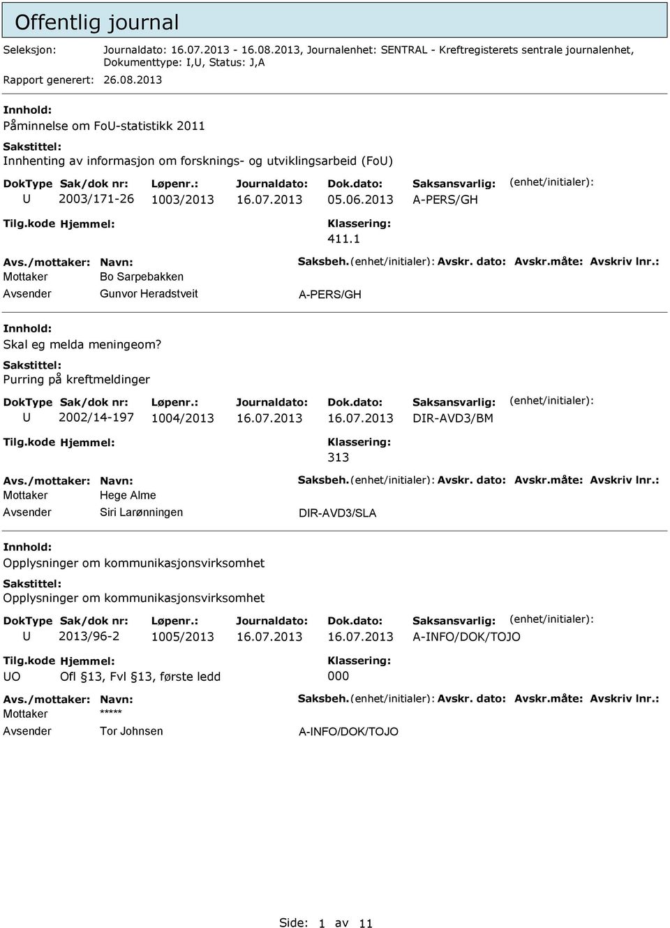 Purring på kreftmeldinger 2002/14-197 1004/2013 16.07.2013 16.07.2013 DR-AVD3/BM 313 Avs./mottaker: Navn: Saksbeh. Avskr. dato: Avskr.måte: Avskriv lnr.