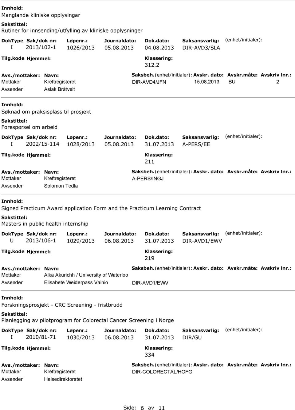 måte: Avskriv lnr.: A-PERS/NGJ Solomon Tedla Signed Practicum Award application Form and the Practicum Learning Contract Masters in public health internship 2013/106-1 1029/2013 DR-AVD1/EWV 219 Avs.