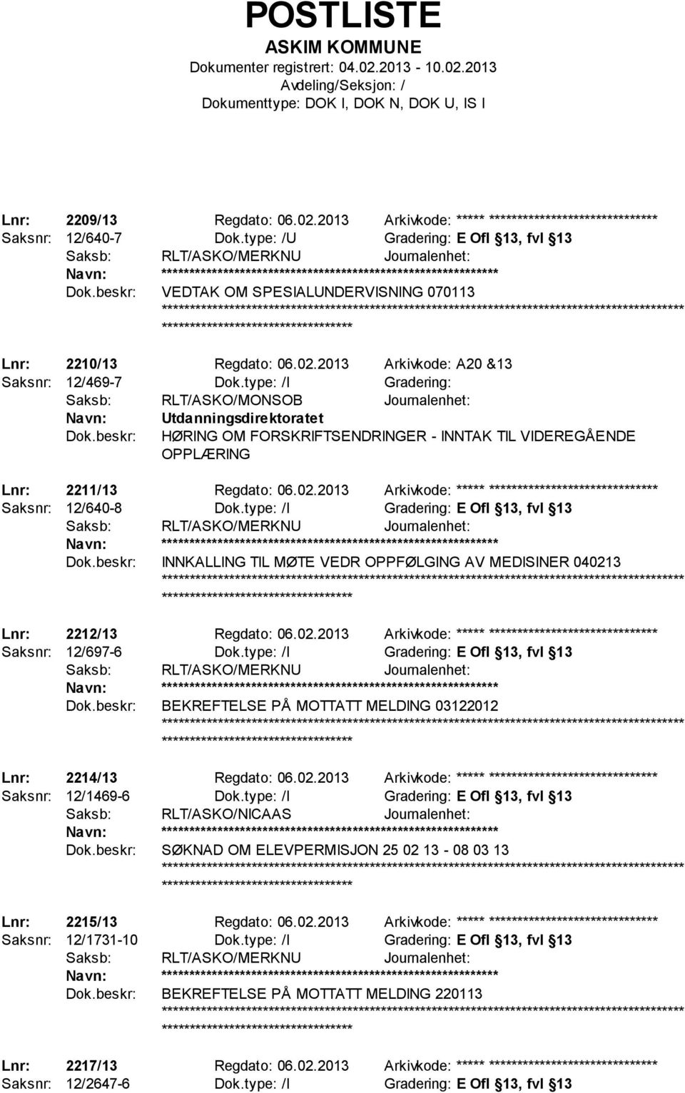 2013 Arkivkode: A20 &13 Saksnr: 12/469-7 Dok.