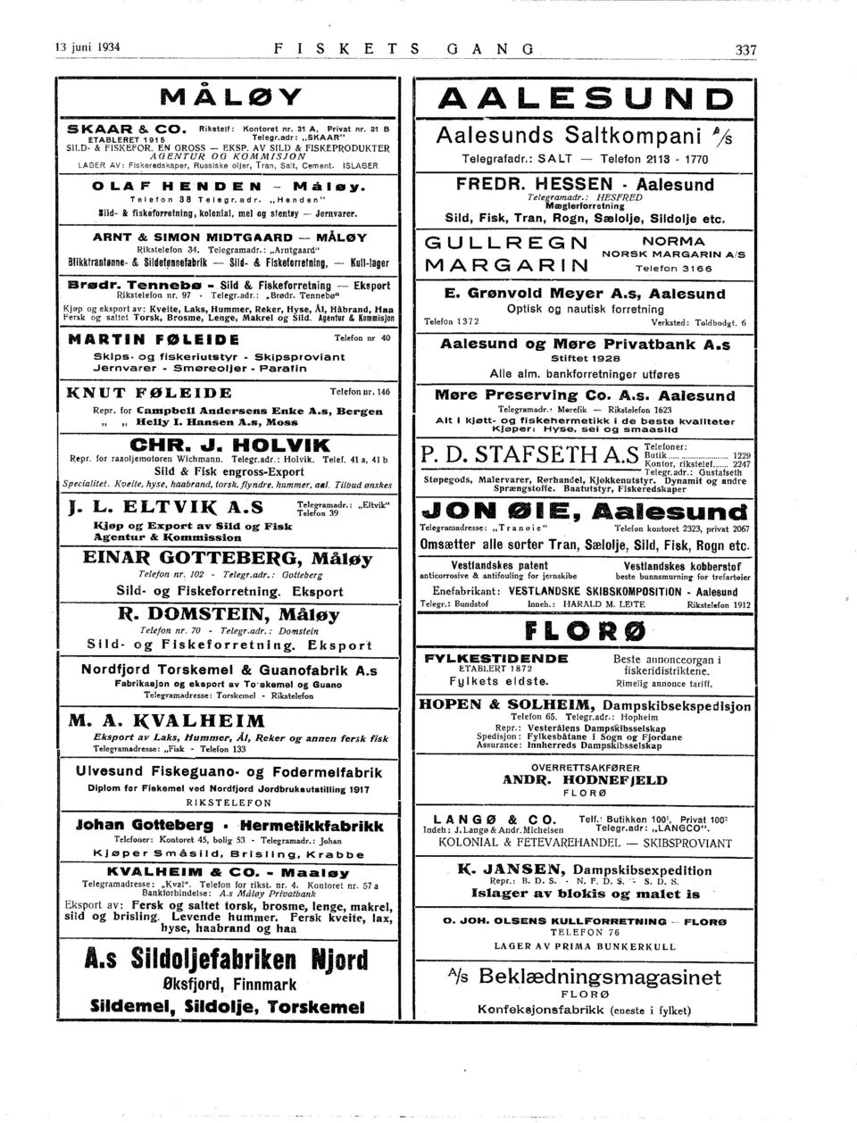 "Henden" Sild* & fiskeforretning kolonial, mel og stentøy Jernvarer. ARNT & SMON MDTGAARD MÅLØV Rikstelefon 34. Telegramadr.