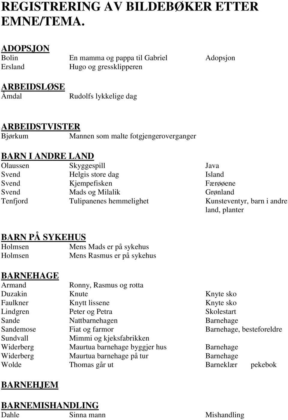 LAND Olaussen Skyggespill Java Svend Helgis store dag Island Svend Kjempefisken Færøøene Svend Mads og Milalik Grønland Tenfjord Tulipanenes hemmelighet Kunsteventyr, barn i andre land, planter BARN