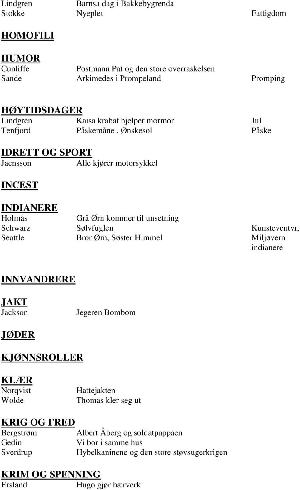 Ønskesol Påske IDRETT OG SPORT Jaensson Alle kjører motorsykkel INCEST INDIANERE Holmås Grå Ørn kommer til unsetning Schwarz Sølvfuglen Kunsteventyr, Seattle Bror Ørn,