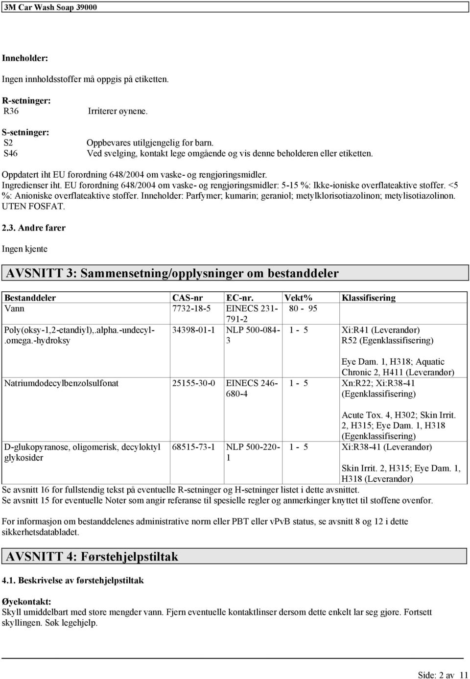 EU forordning 648/2004 om vaske- og rengjøringsmidler: 5-15 %: Ikke-ioniske overflateaktive stoffer. <5 %: Anioniske overflateaktive stoffer.