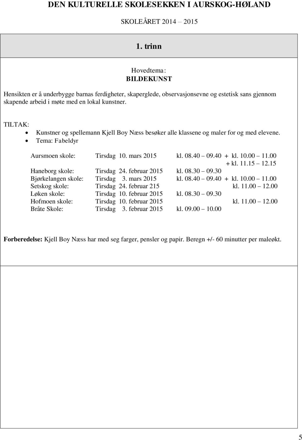 Kunstner og spellemann Kjell Boy Næss besøker alle klassene og maler for og med elevene. Tema: Fabeldyr Setskog skole: Hofmoen skole: Bråte Skole: Tirsdag 10. mars 2015 Tirsdag 24.