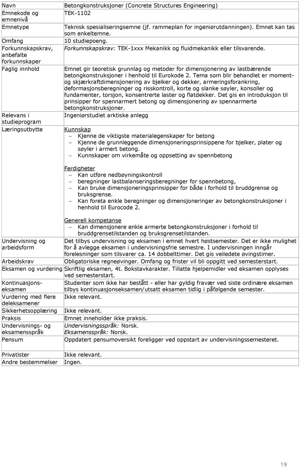 Emnet gir teoretisk grunnlag og metoder for dimensjonering av lastbærende betongkonstruksjoner i henhold til Eurokode 2.