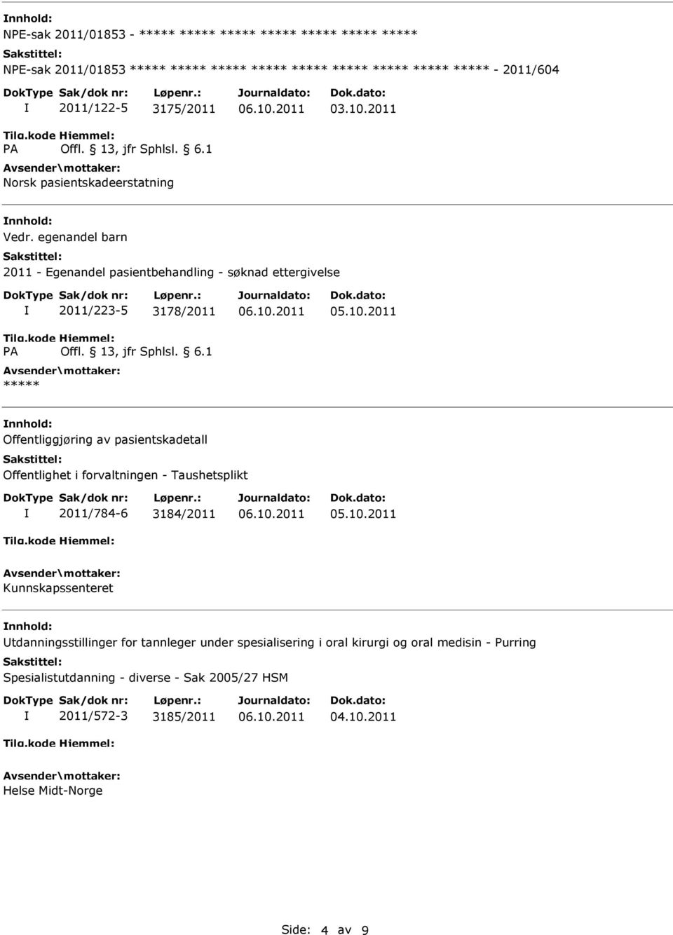 2011 nnhold: Offentliggjøring av pasientskadetall Offentlighet i forvaltningen - Taushetsplikt 2011/784-6 3184/2011 05.10.