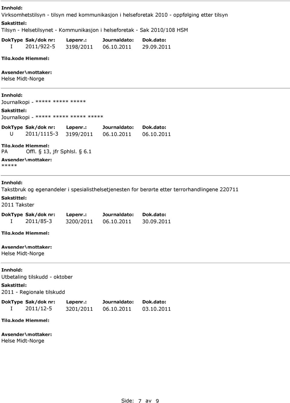 3199/2011 nnhold: Takstbruk og egenandeler i spesialisthelsetjenesten for berørte etter terrorhandlingene 220711 2011