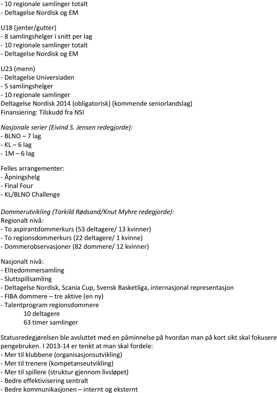 Jensen redegjorde): - BLNO 7 lag - KL 6 lag - 1M 6 lag Felles arrangementer: - Åpningshelg - Final Four - KL/BLNO Challenge Dommerutvikling (Torkild Rødsand/Knut Myhre redegjorde): Regionalt nivå: -