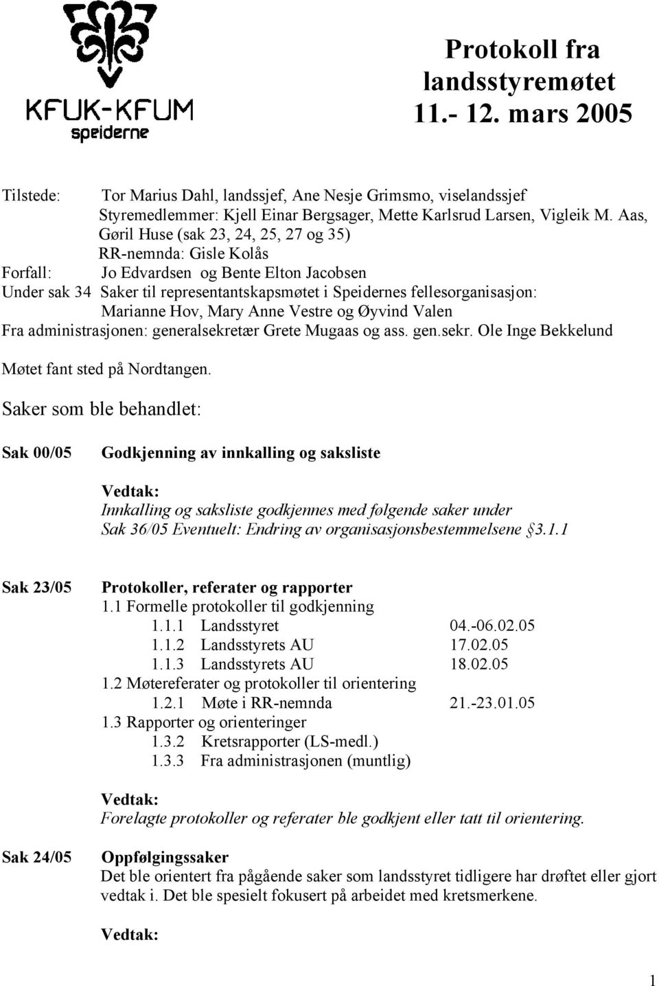 Hov, Mary Anne Vestre og Øyvind Valen Fra administrasjonen: generalsekretær Grete Mugaas og ass. gen.sekr. Ole Inge Bekkelund Møtet fant sted på Nordtangen.