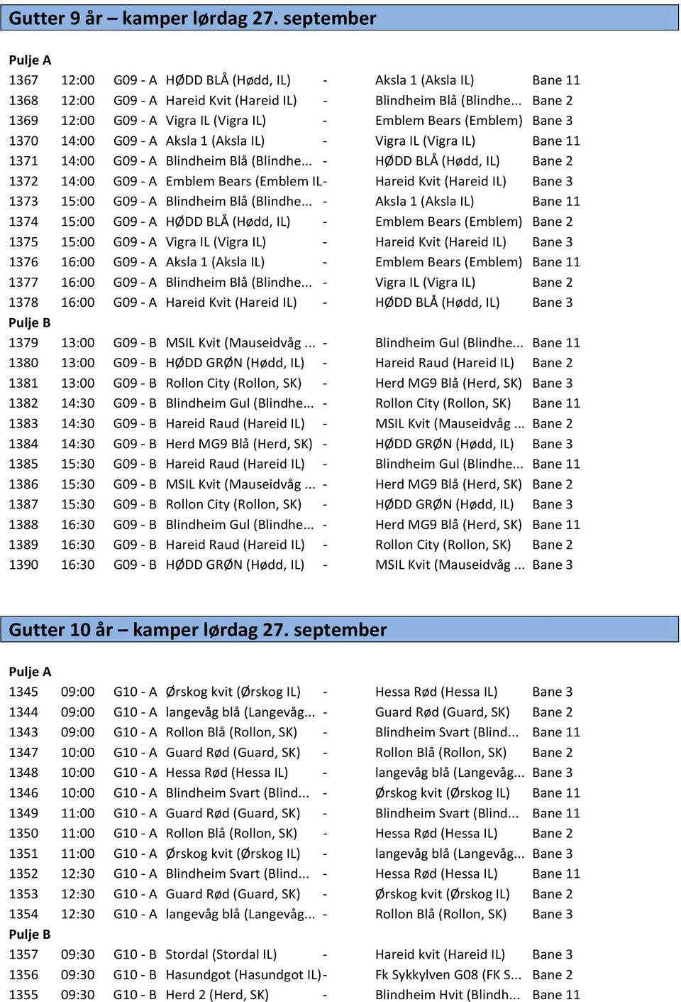 .. - HØDD BLÅ (Hødd, IL) Bane 2 1372 14:00 G09 - A Emblem Bears (Emblem IL - Hareid Kvit (Hareid IL) Bane 3 1373 15:00 G09 - A Blindheim Blå (Blindhe.