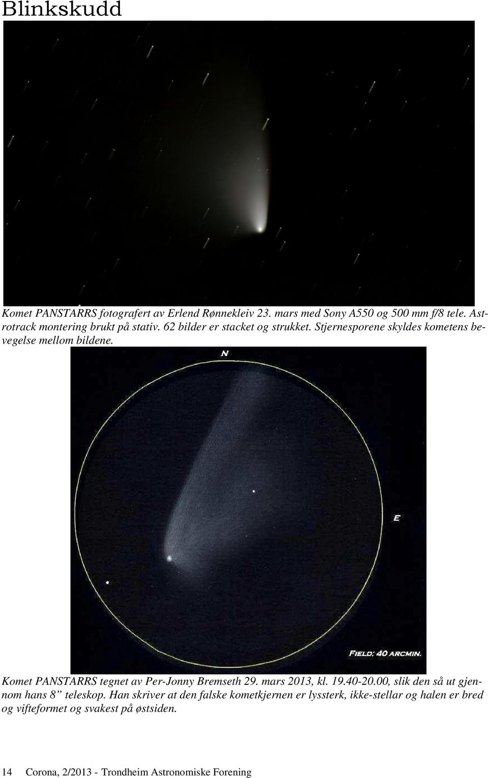 Komet PANSTARRS tegnet av Per-Jonny Bremseth 29. mars 2013, kl. 19.40-20.00, slik den så ut gjennom hans 8 teleskop.