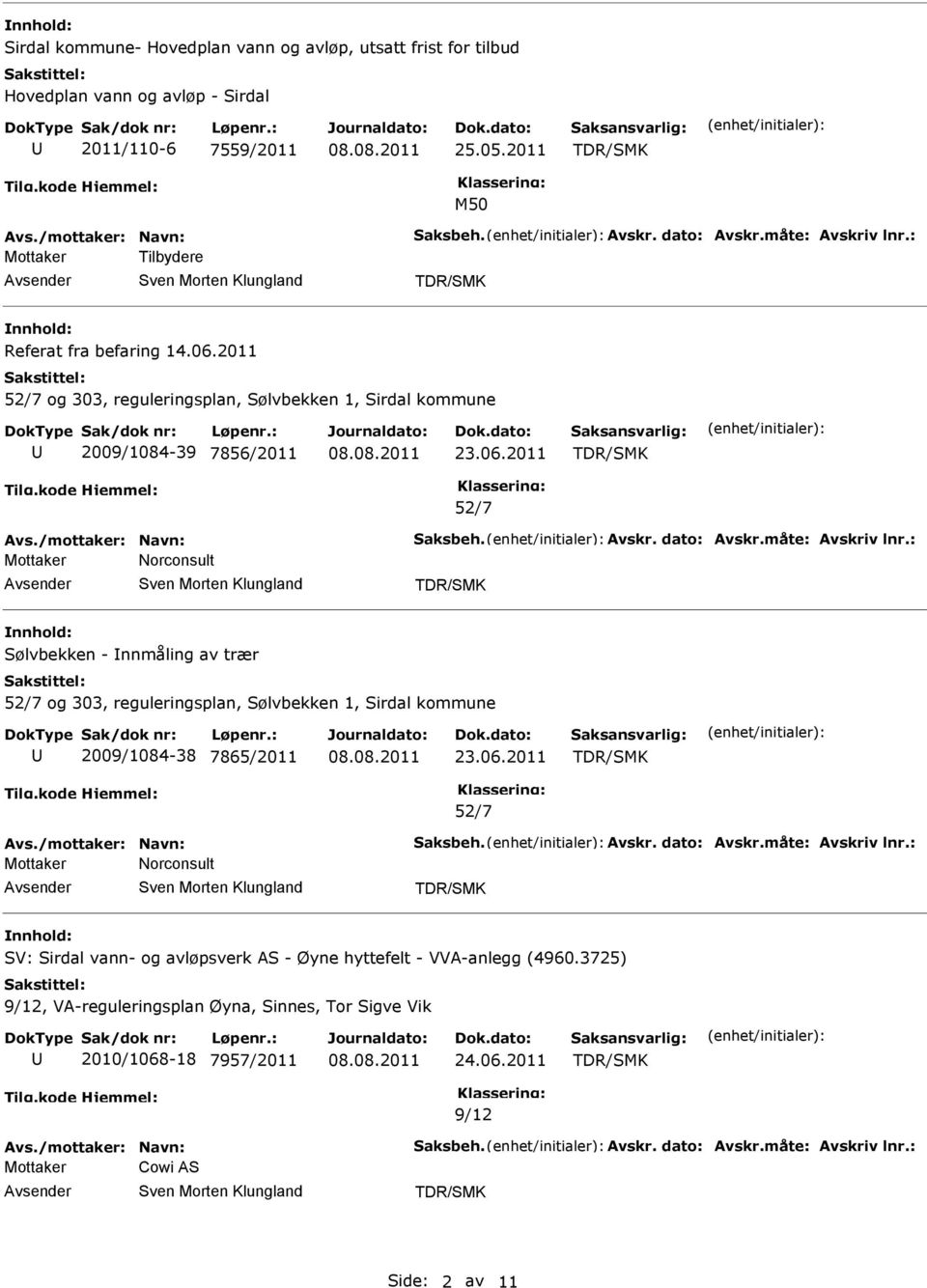 2011 52/7 og 303, reguleringsplan, Sølvbekken 1, Sirdal kommune 2009/1084-39 7856/2011 23.06.