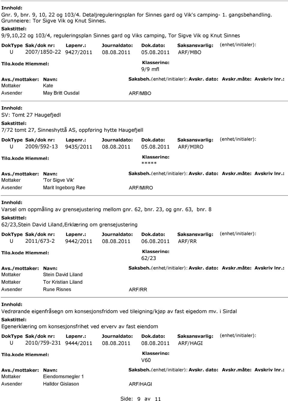 Sinneshyttå AS, oppføring hytte Haugefjell 2009/592-13 9435/2011 'Tor Sigve Vik' Varsel om oppmåling av grensejustering mellom gnr. 62, bnr. 23, og gnr. 63, bnr.