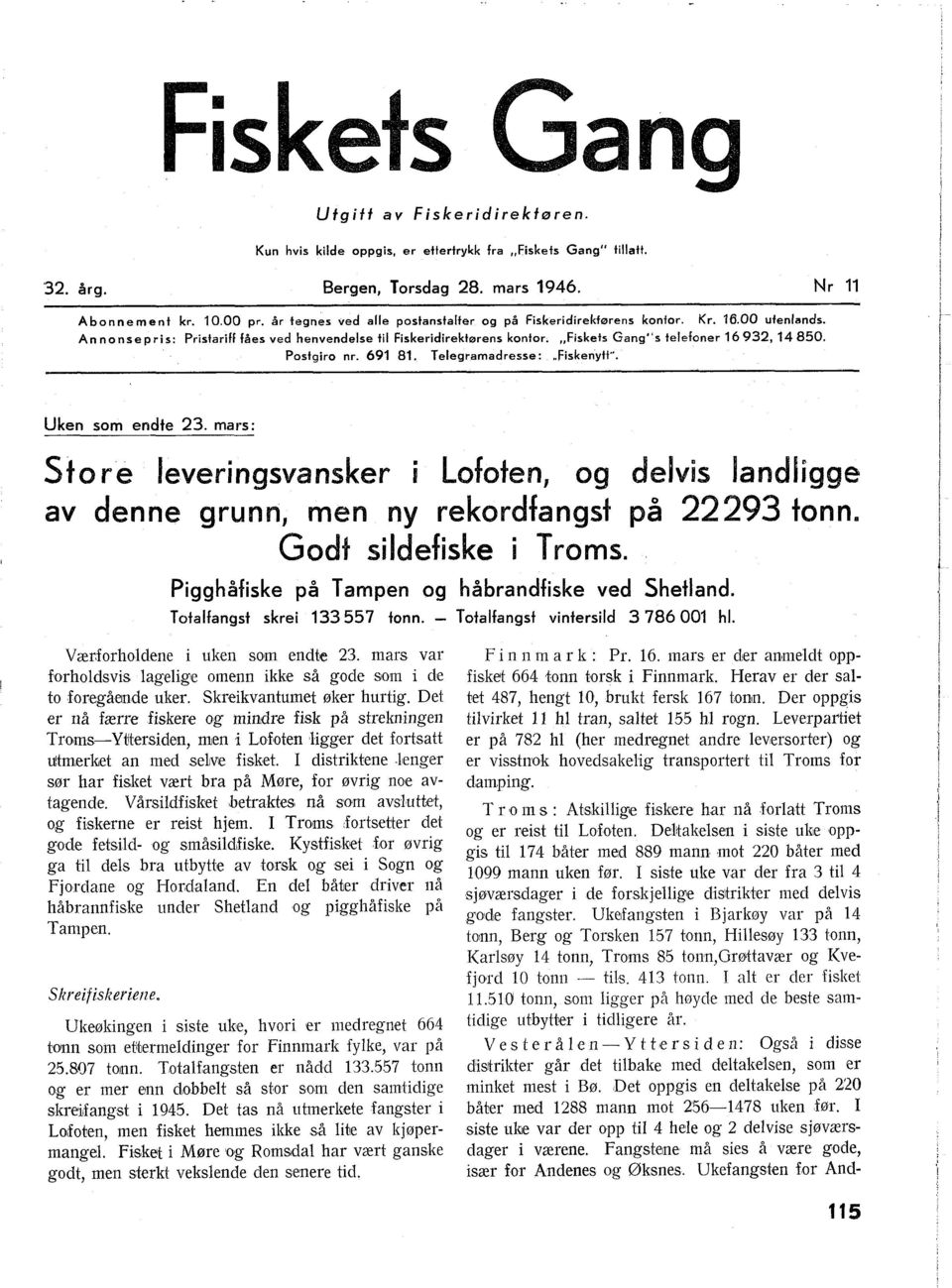 Postgiro nr. 691 81. Teegramadresse: "Fiskenytt". Uken som endte 23. mars: Store everingsvansker i Lofoten, og de vis andigge av denne grunn, men ny rekordfangst på 22293 tonn. Godt sidefiske i Troms.