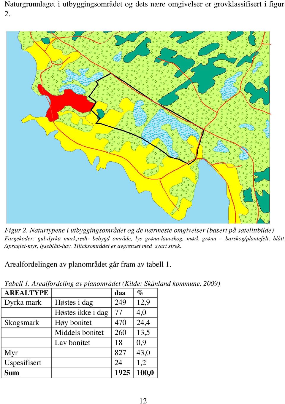 barskog/plantefelt, blått /spraglet-myr, lyseblått-hav. Tiltaksområdet er avgrenset med svart strek. Arealfordelingen av planområdet går fram av tabell 1. Tabell 1.