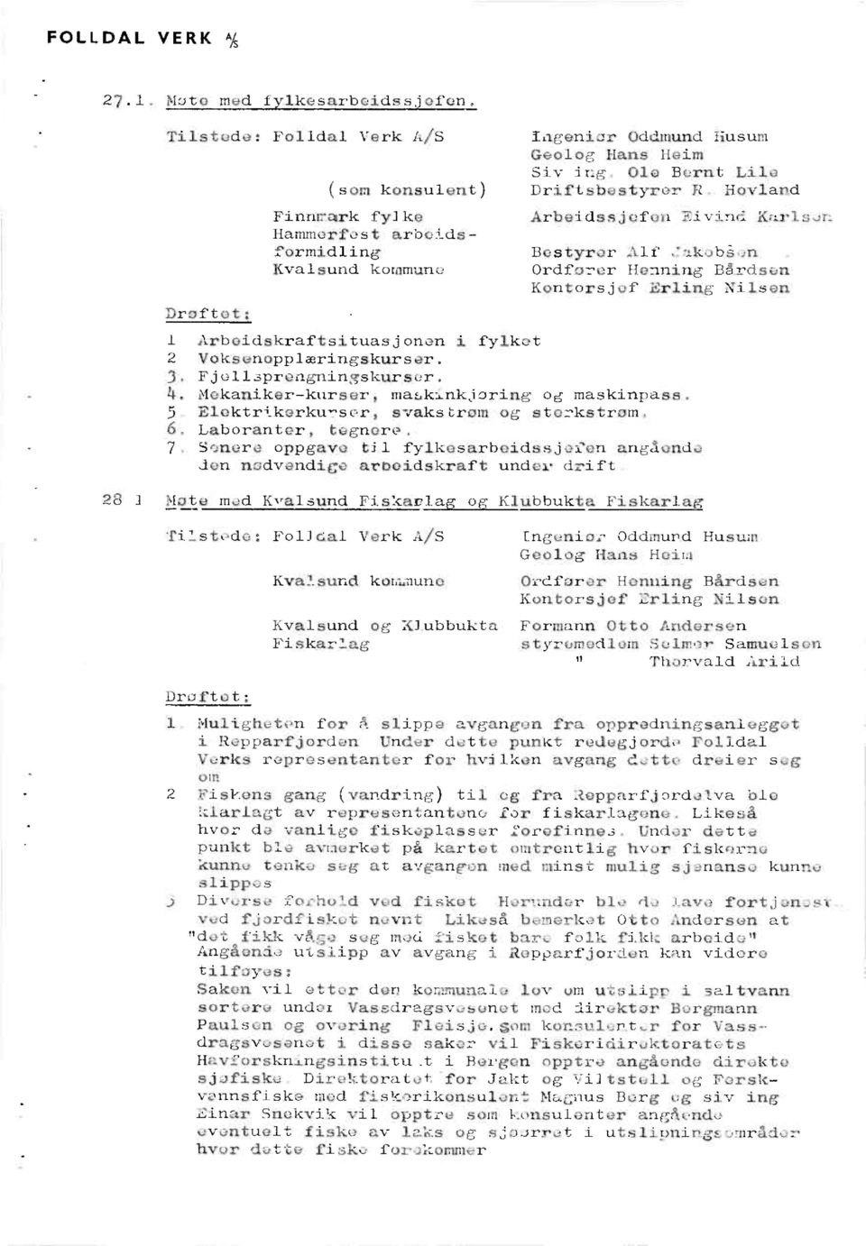 Hovland Arbeidssjefen Eivind Karlsun Bestyrer Alf erdkoben. Ordfurer Henning Bårdsen Kontorsjef Erling Nilsen 1 Arbeldskraftsituasjonen i fylket 2 Voksenopplæringskurser. Fjellsprengningskurser.