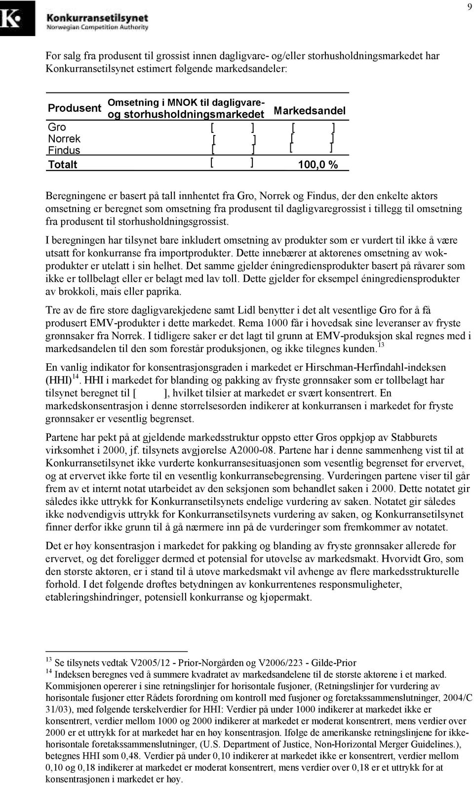 og Findus, der den enkelte aktørs omsetning er beregnet som omsetning fra produsent til dagligvaregrossist i tillegg til omsetning fra produsent til storhusholdningsgrossist.