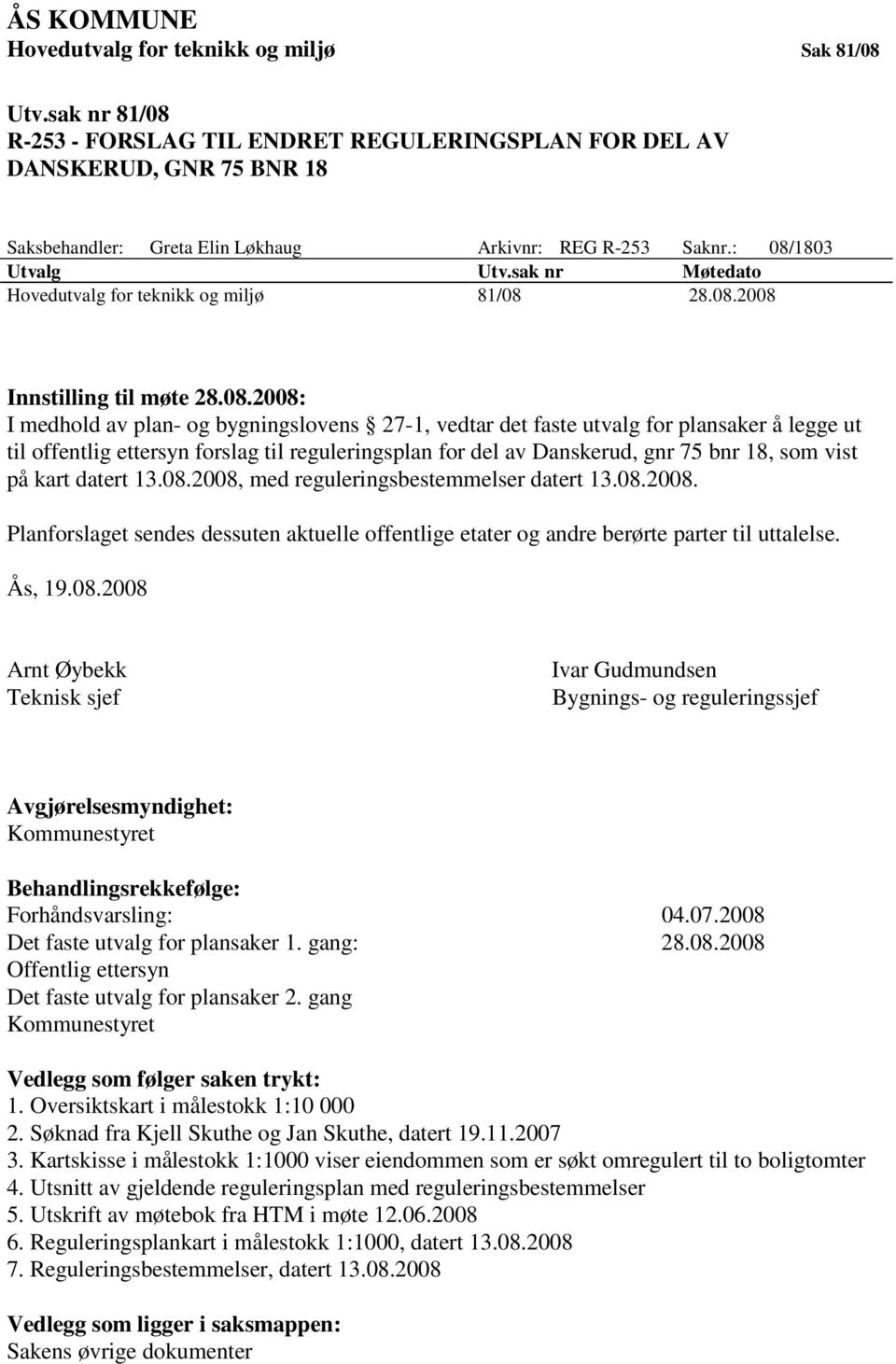 sak nr Møtedato Hovedutvalg for teknikk og miljø 81/08 