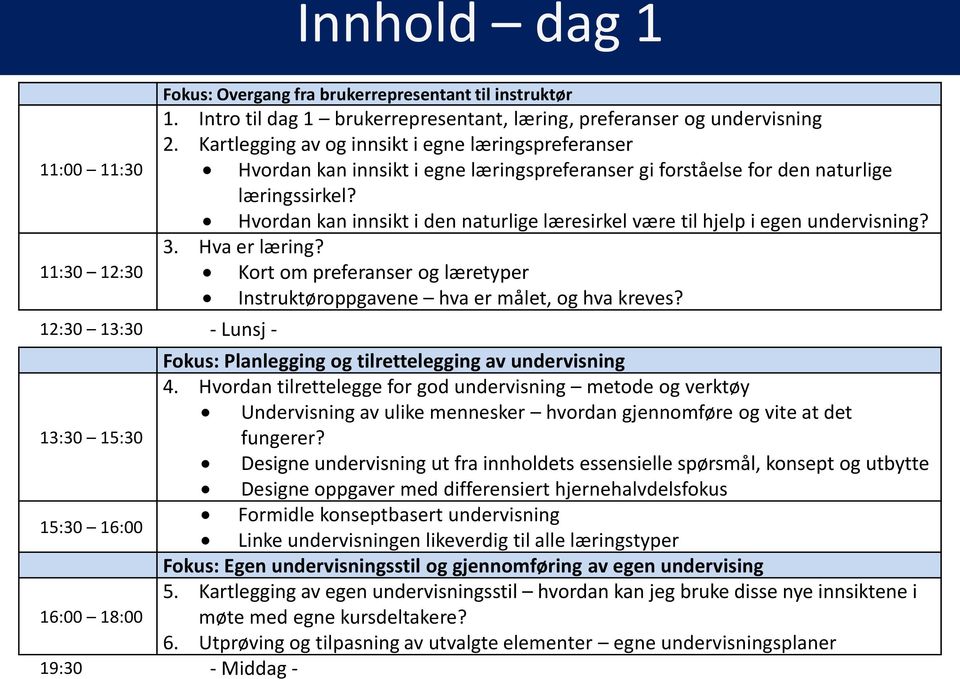 Hvordan kan innsikt i den naturlige læresirkel være til hjelp i egen undervisning? 3. Hva er læring? Kort om preferanser og læretyper Instruktøroppgavene hva er målet, og hva kreves?