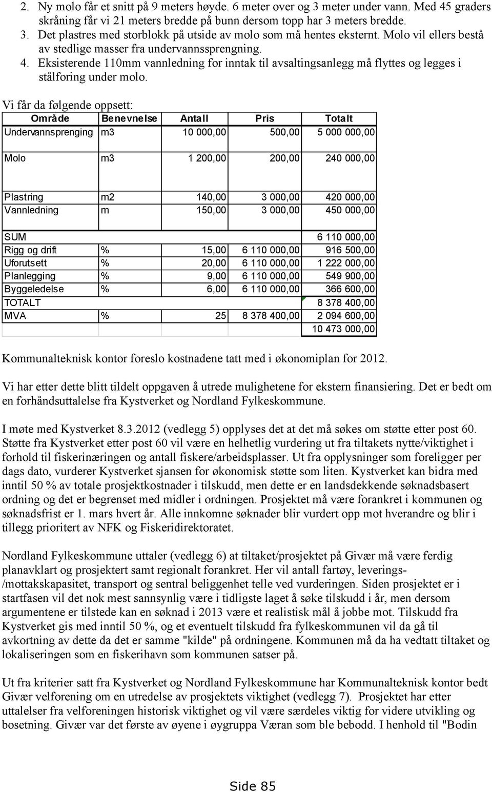 Vi får da følgende oppsett: Område Benevnelse Antall Pris Totalt Undervannsprenging m3 10 000,00 500,00 5 000 000,00 Molo m3 1 200,00 200,00 240 000,00 Plastring m2 140,00 3 000,00 420 000,00