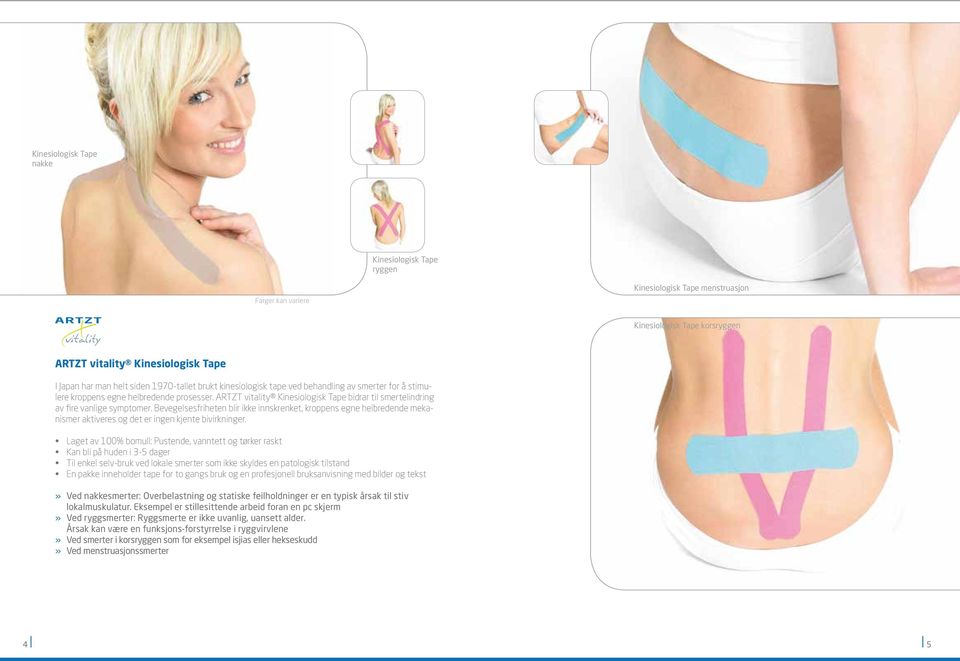 ARTZT vitality Kinesiologisk Tape bidrar til smertelindring av fire vanlige symptomer.