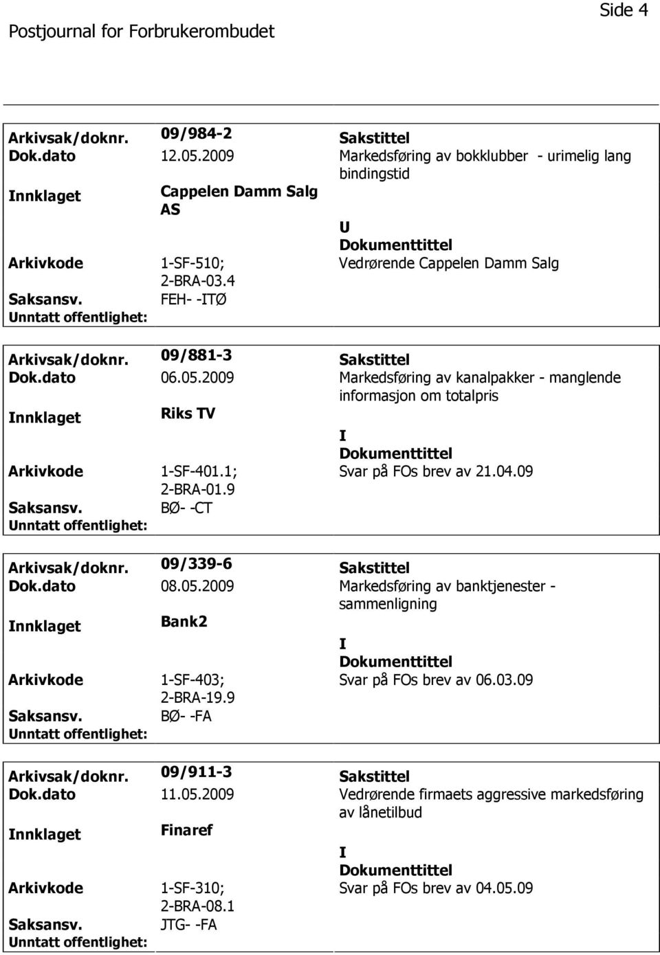 1; 2-BRA-01.9 Svar på FOs brev av 21.04.09 BØ- -CT Arkivsak/doknr. 09/339-6 Sakstittel Dok.dato 08.05.2009 Markedsføring av banktjenester - sammenligning nnklaget Bank2 1-SF-403; 2-BRA-19.