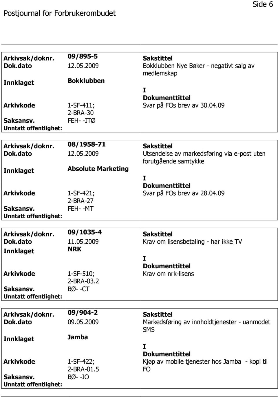 2009 tsendelse av markedsføring via e-post uten forutgående samtykke nnklaget Absolute Marketing 1-SF-421; 2-BRA-27 Svar på FOs brev av 28.04.09 FEH- -MT Arkivsak/doknr.