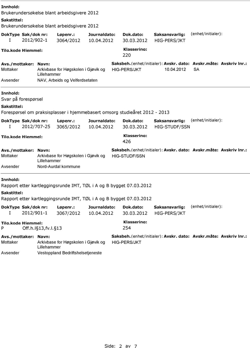 /mottaker: Navn: aksbeh. Avskr. dato: Avskr.måte: Avskriv lnr.: Mottaker HG-TDF/N Nord-Aurdal kommune Rapport etter kartleggingsrunde MT, TØL i A og B bygget 07.03.