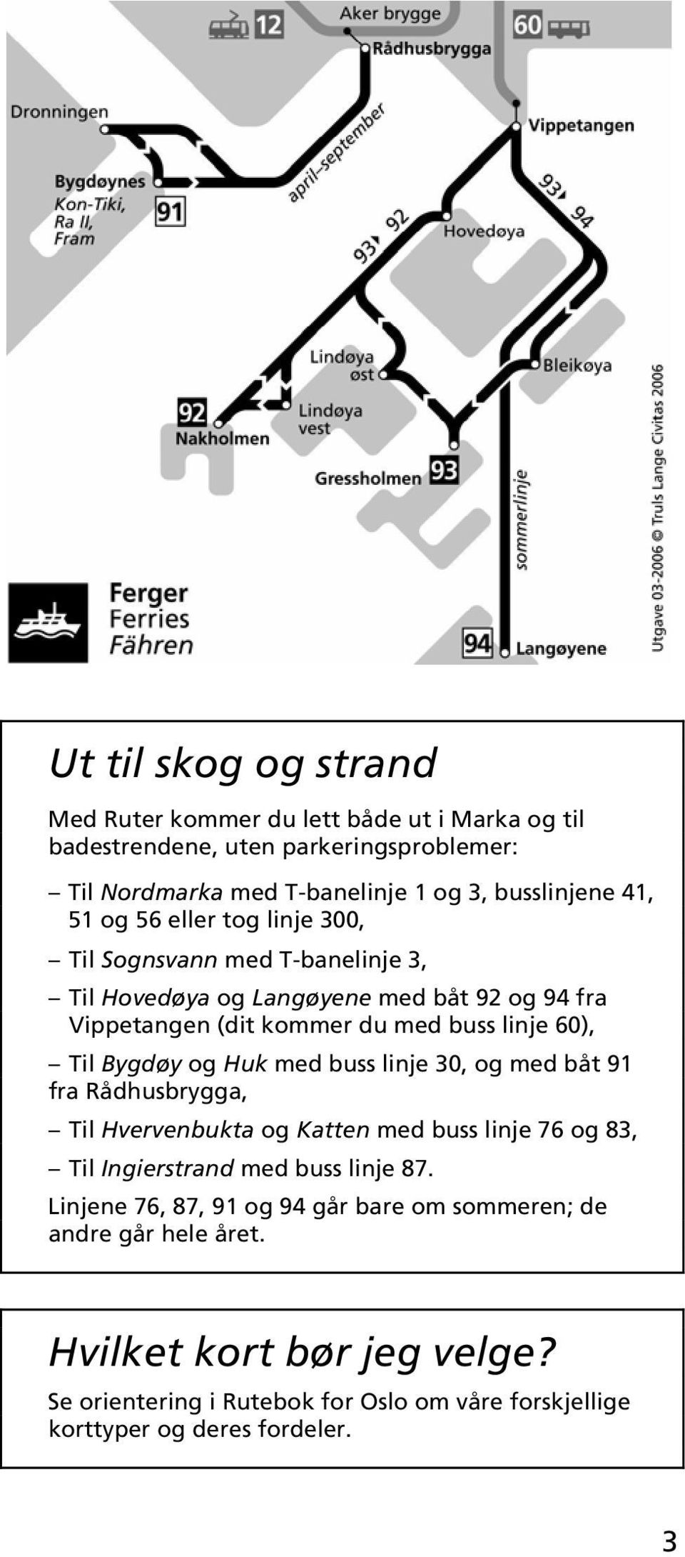 og Huk med buss linje 30, og med båt 91 fra Rådhusbrygga, Til Hvervenbukta og Katten med buss linje 76 og 83, Til Ingierstrand med buss linje 87.