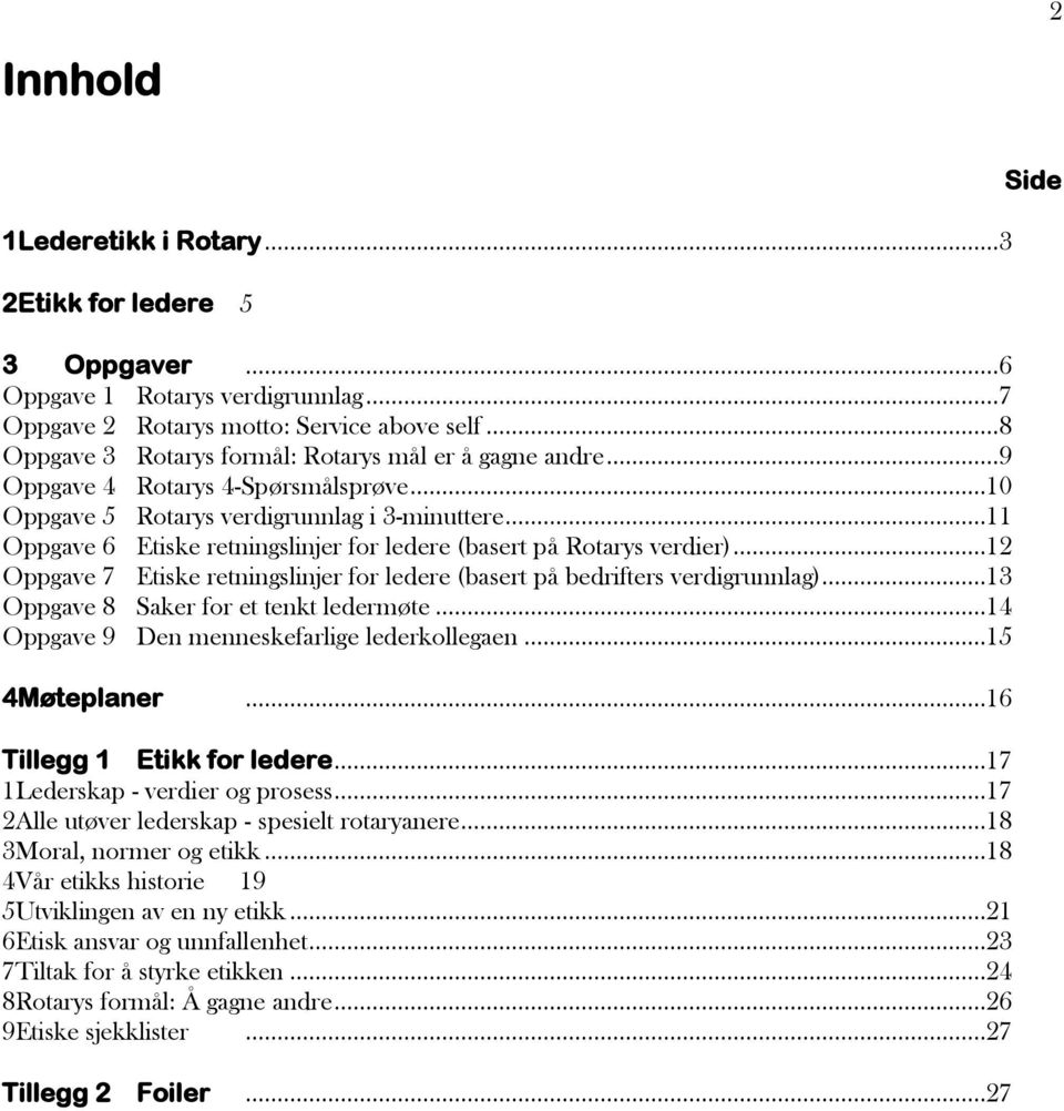 ..11 Oppgave 6 Etiske retningslinjer for ledere (basert på Rotarys verdier)...12 Oppgave 7 Etiske retningslinjer for ledere (basert på bedrifters verdigrunnlag).