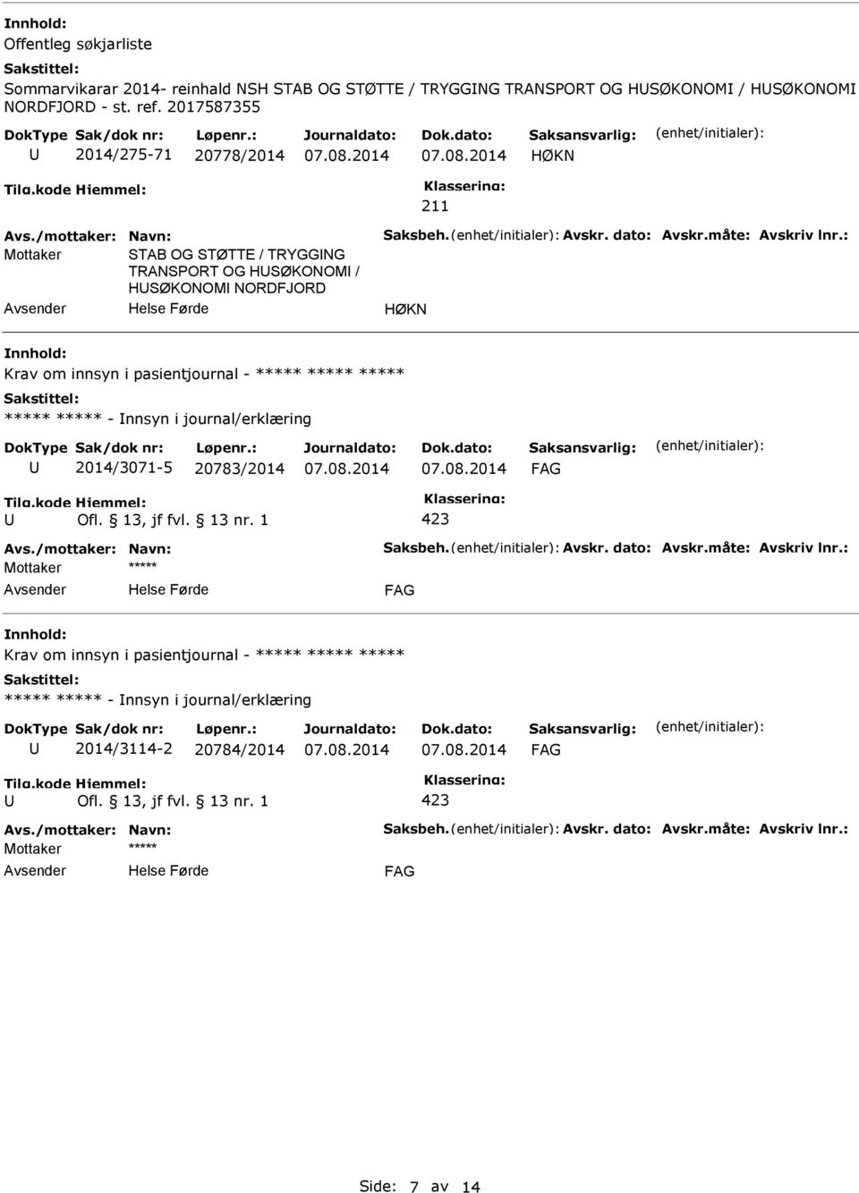 2017587355 2014/275-71 20778/2014 HØKN Mottaker STAB OG STØTTE / TRYGGNG TRANSPORT OG HSØKONOM / HSØKONOM NORDFJORD HØKN