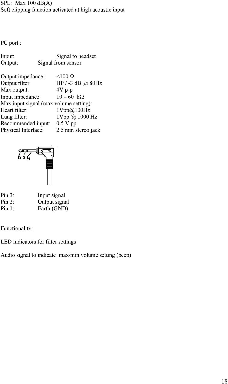 Heart filter: 1Vpp@100Hz Lung filter: 1Vpp @ 1000 Hz Recommended input: 0.5 V pp Physical Interface: 2.