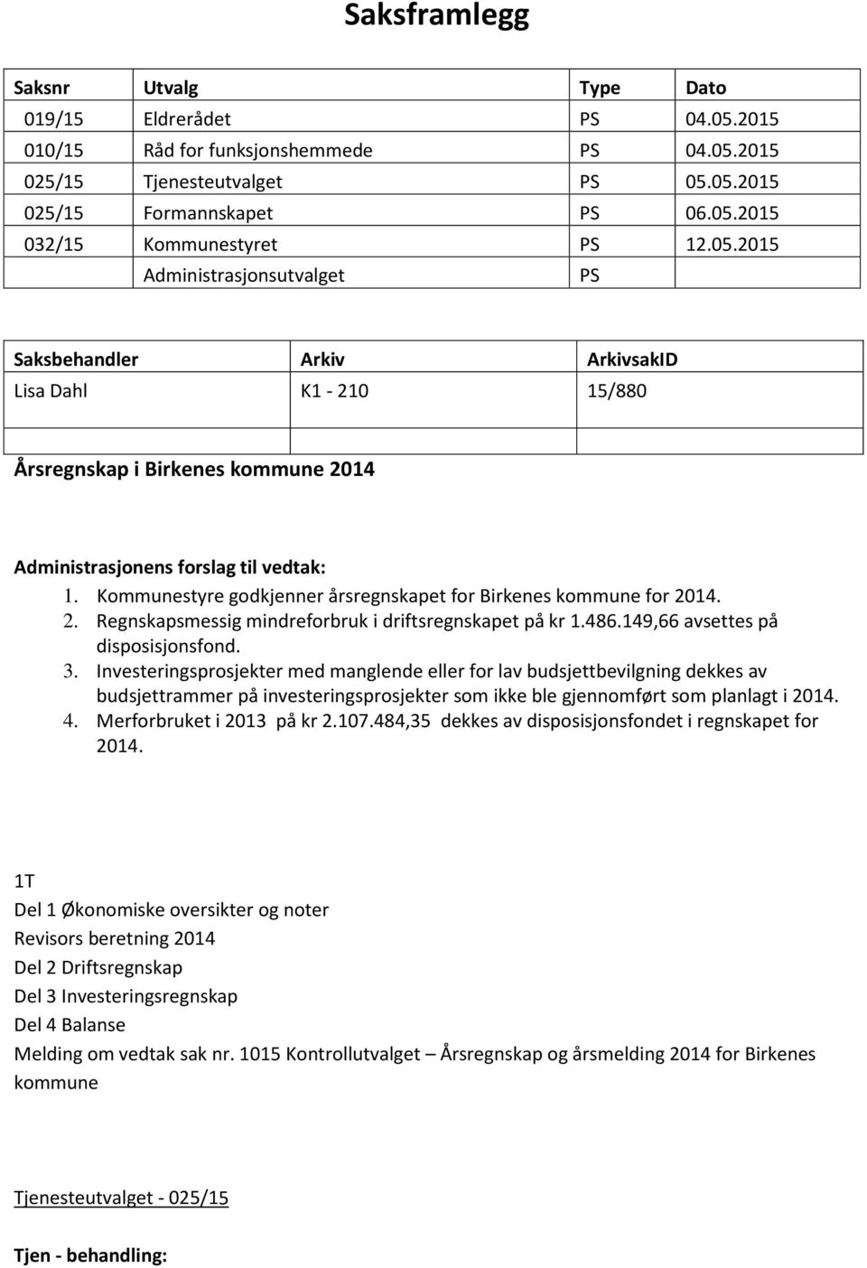 Kommunestyre godkjenner årsregnskapet for Birkenes kommune for 2014. 2. Regnskapsmessig mindreforbruk i driftsregnskapet på kr 1.486.149,66 avsettes på disposisjonsfond. 3.