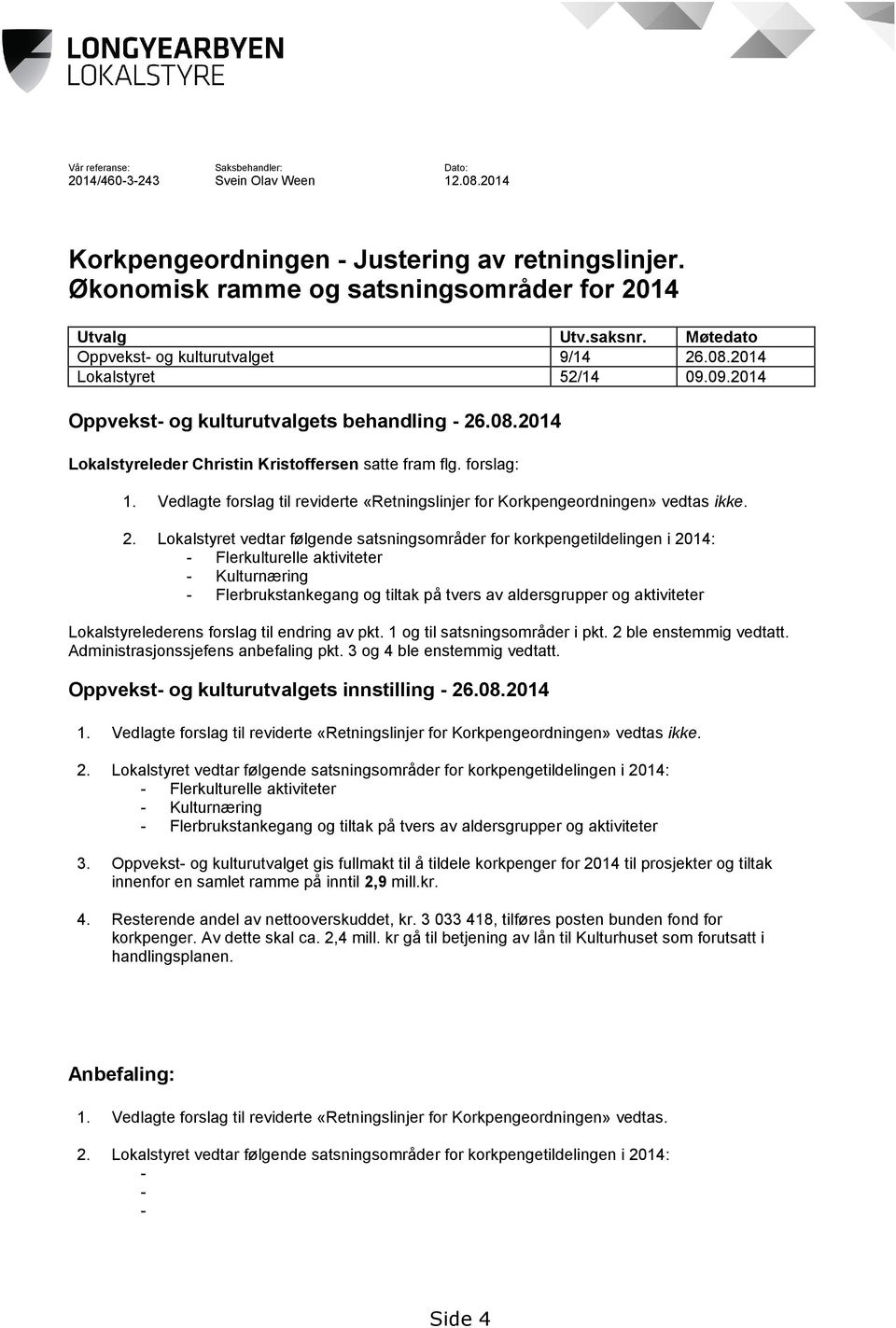 forslag: 1. Vedlagte forslag til reviderte «Retningslinjer for Korkpengeordningen» vedtas ikke. 2.