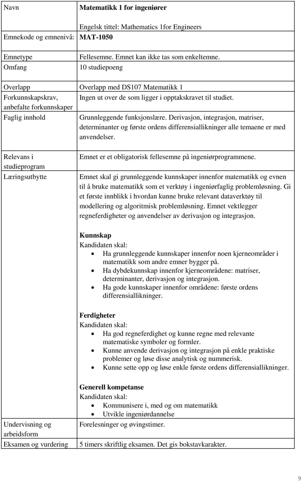 Derivasjon, integrasjon, matriser, determinanter og første ordens differensiallikninger alle temaene er med anvendelser.