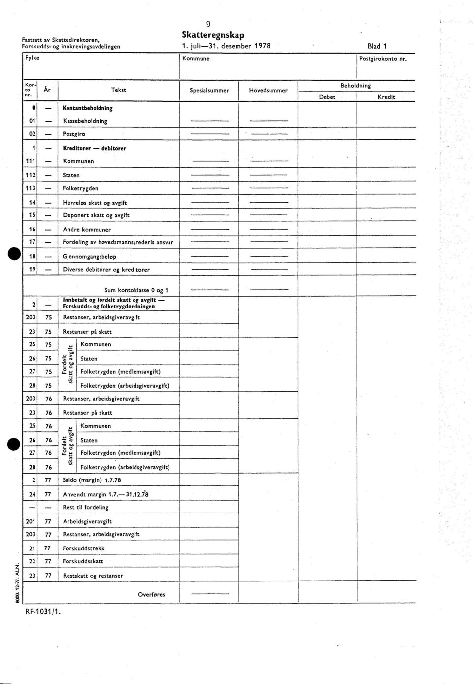 avgift 15 Deponert skatt og avgift 16 Andre kommuner 17 Fordeling av hovedsmanns/rederis ansvar 18 Gjennomgangsbeløp 19 Diverse debitorer og kreditorer Sum kontoklasse 0 og 1 2 innbetalt og fordelt