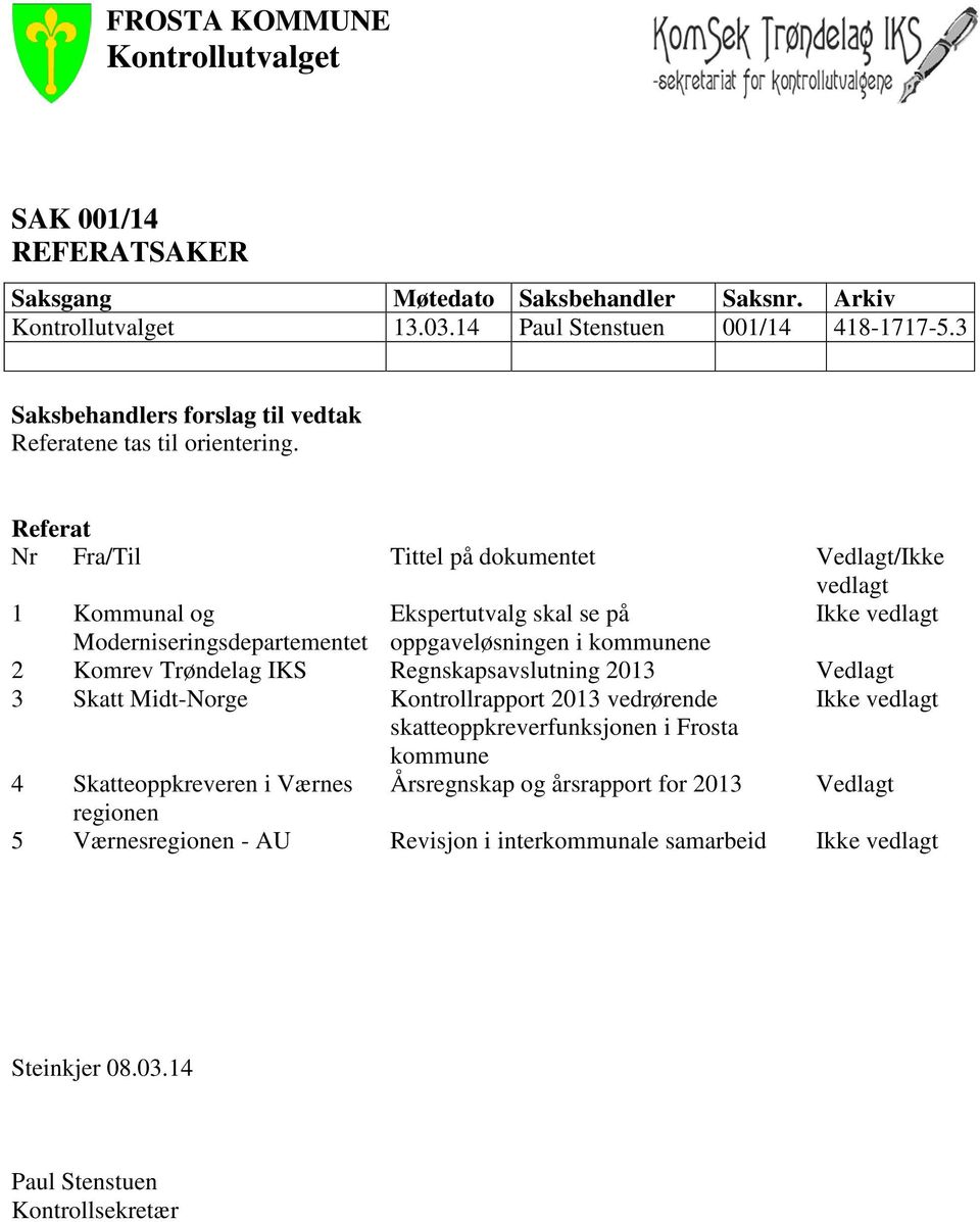 Referat Nr Fra/Til Tittel på dokumentet Vedlagt/Ikke vedlagt 1 Kommunal og Ekspertutvalg skal se på Ikke vedlagt Moderniseringsdepartementet oppgaveløsningen i kommunene 2 Komrev Trøndelag