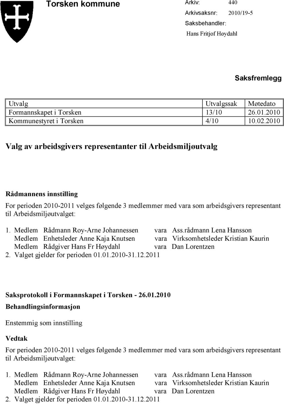 Arbeidsmiljøutvalget: 1. Medlem Rådmann Roy-Arne Johannessen vara Ass.