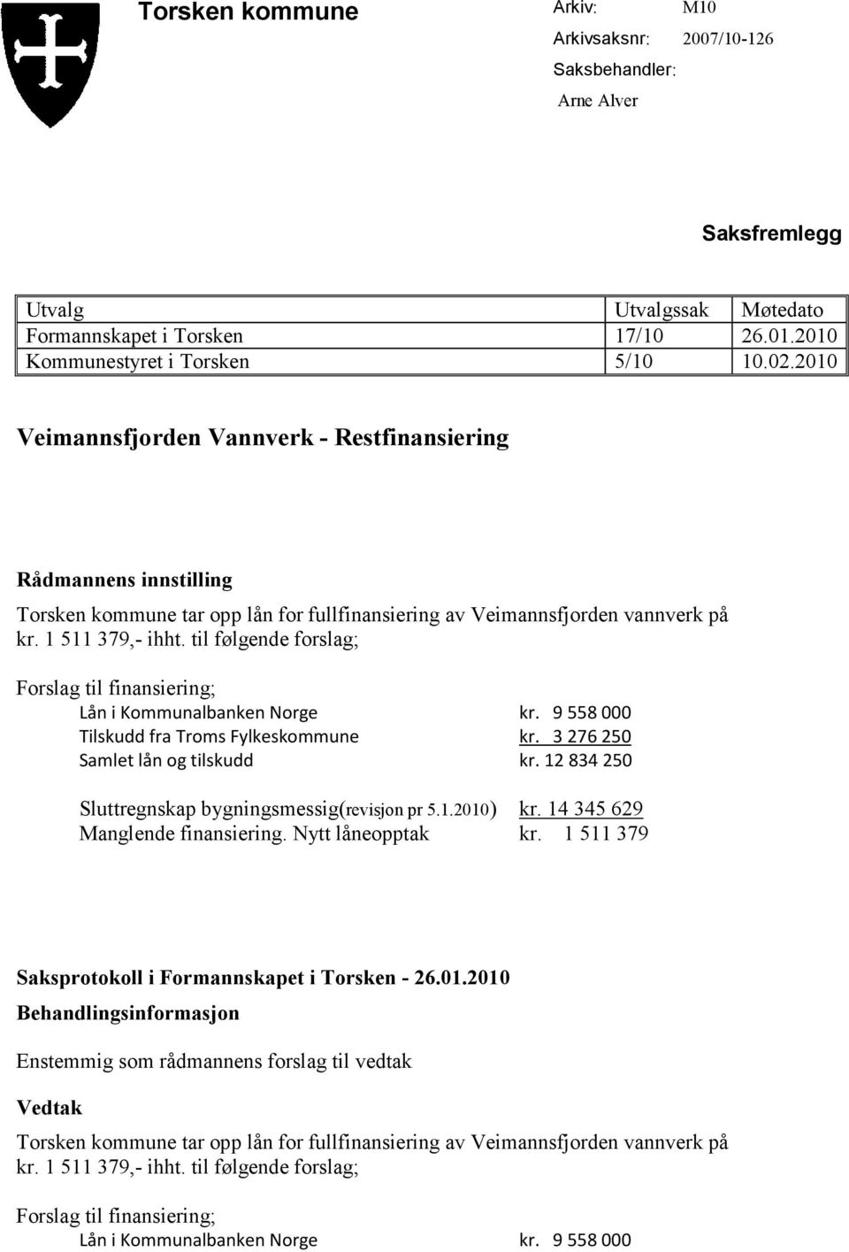 til følgende forslag; Forslag til finansiering; Lån i Kommunalbanken Norge kr. 9558000 Tilskudd fra Troms Fylkeskommune kr. 3276250 Samlet lån og tilskudd kr.