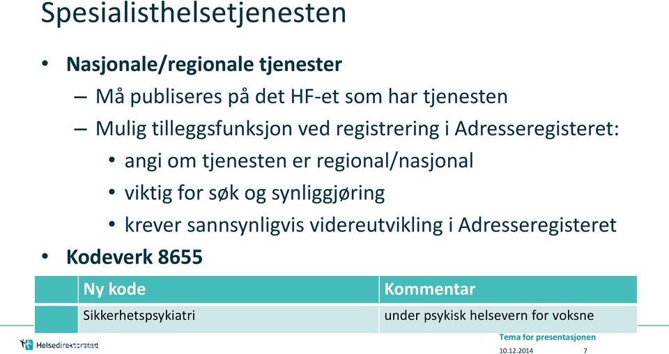 viktig for søk og synliggjøring krever sannsynligvis videreutvikling i Adresseregisteret Kodeverk 8655